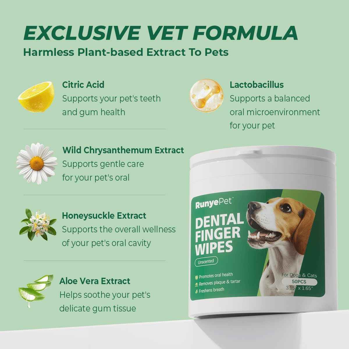 RunyePet Teeth Cleaning Finger Wipes for Dogs & Cats Remove Bad Breath by Removing Plaque and Tartar Buildup No-Rinse Dog Finger Toothbrush 50 PCS