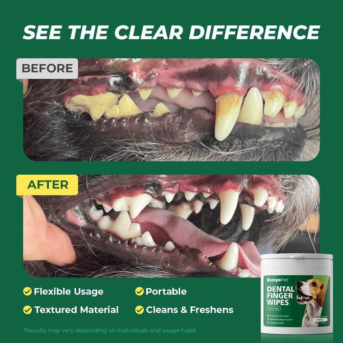 RunyePet Teeth Cleaning Finger Wipes for Dogs & Cats Remove Bad Breath by Removing Plaque and Tartar Buildup No-Rinse Dog Finger Toothbrush 50 PCS