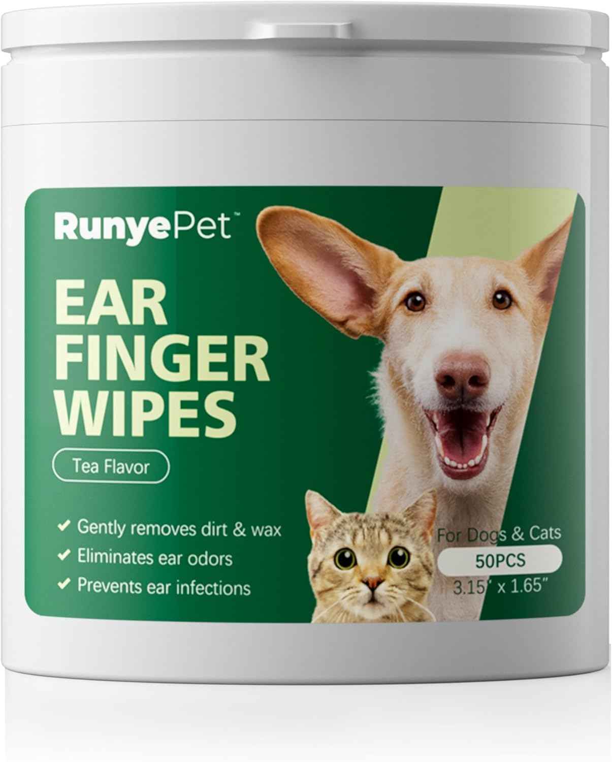 Pet Ear Cleaning Finger Wipes, 50 Count Dog & Cat Ear Wipes with Green Tea Scent, Soft Grooming Pads to Remove Wax & Dirt, Stop Smelly & Itchy Ears, Gentle & Non-Irritating