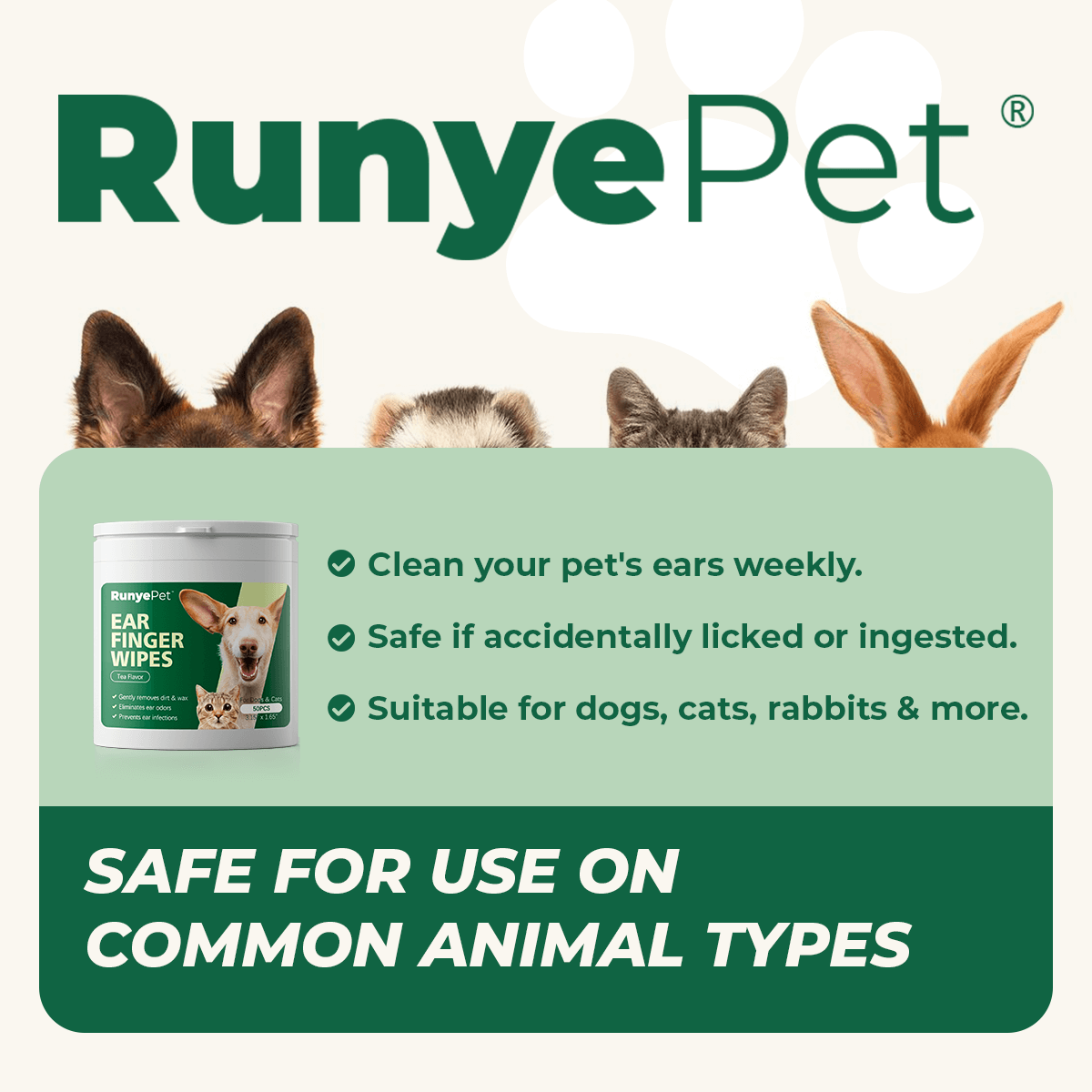 Pet Ear Cleaning Finger Wipes, 50 Count Dog & Cat Ear Cleaner Wipes with Green Tea Scen