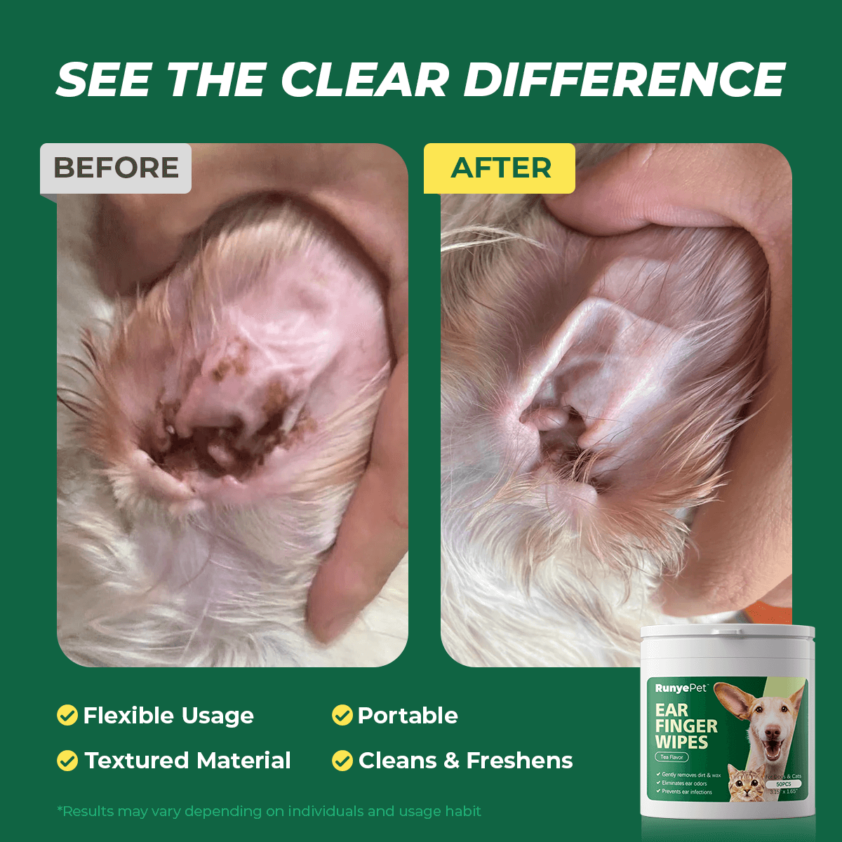 Pet Ear Cleaning Finger Wipes, 50 Count Dog & Cat Ear Cleaner Wipes with Green Tea Scen