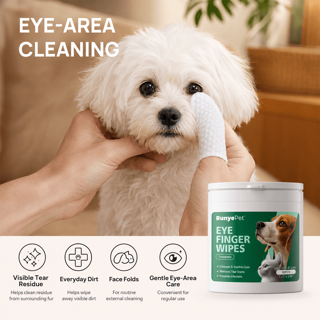 Dog eye finger wipe for daily eye-area cleaning