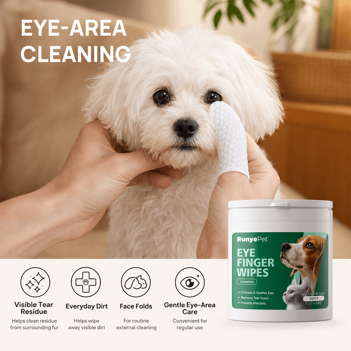 Dog eye finger wipe for daily eye-area cleaning