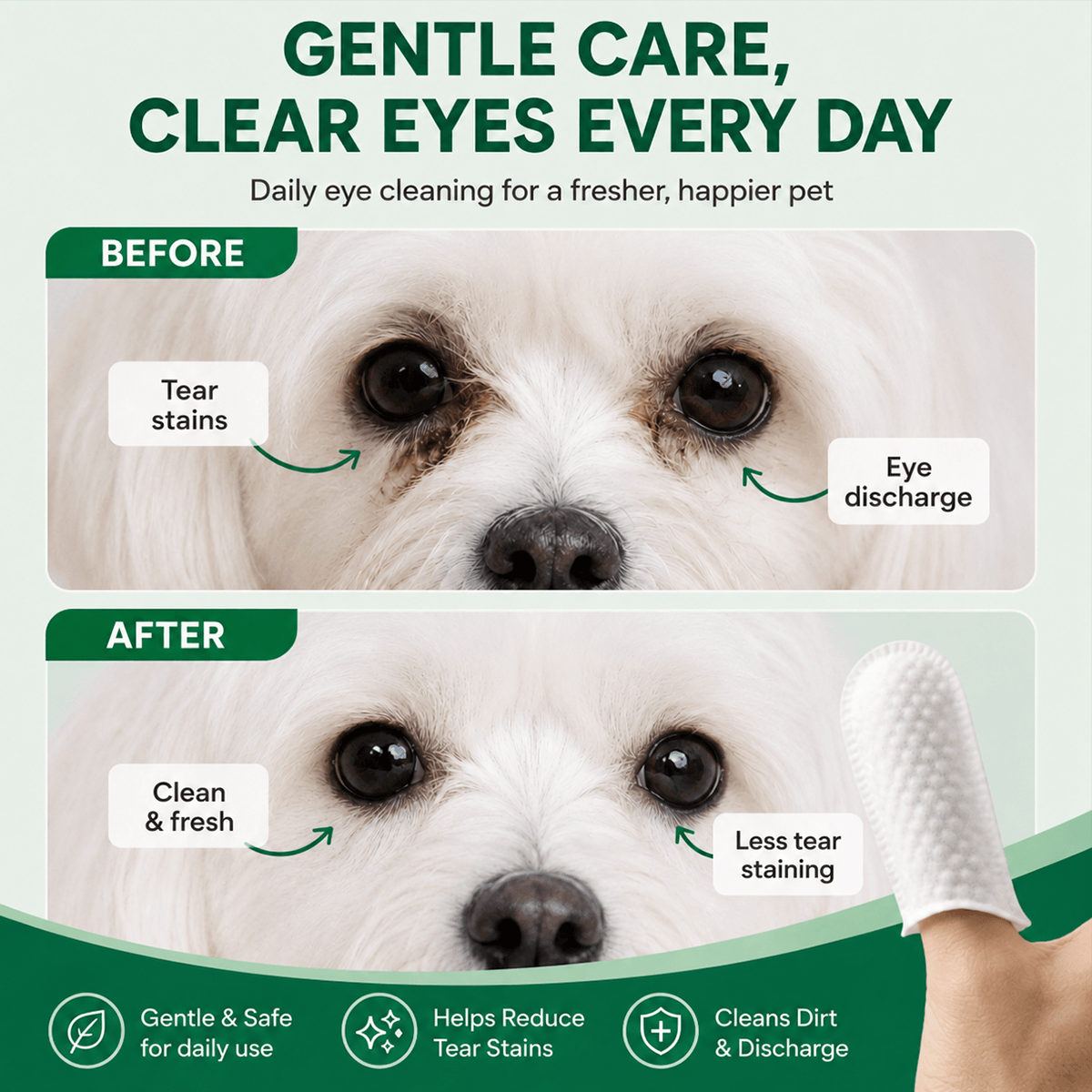 Dog eye wipes for visible tear stain residue cleaning