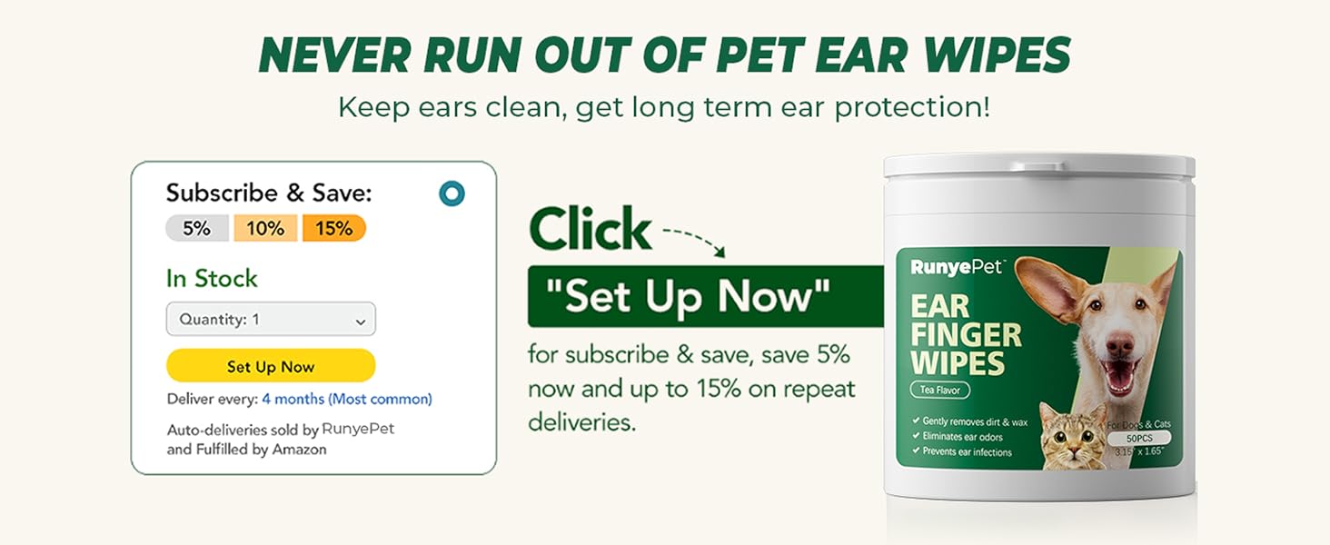 Pet Ear Cleaning Finger Wipes, 50 Count Dog & Cat Ear Cleaner Wipes with Green Tea Scen