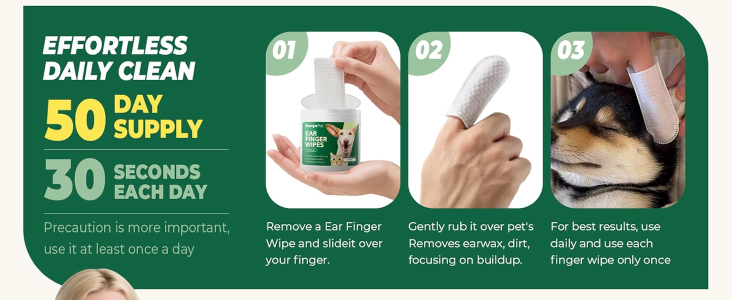 Pet Ear Cleaning Finger Wipes, 50 Count Dog & Cat Ear Cleaner Wipes with Green Tea Scen