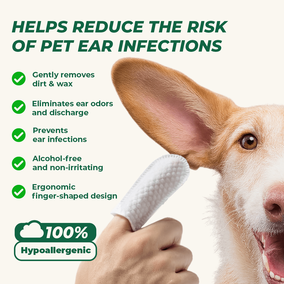 Pet Ear Cleaning Finger Wipes, 50 Count Dog &amp; Cat Ear Wipes with Green Tea Scent, Soft Grooming Pads to Remove Wax &amp; Dirt, Stop Smelly &amp; Itchy Ears, Gentle &amp; Non-Irritating