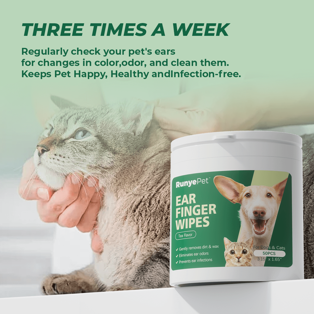 Pet Ear Cleaning Finger Wipes, 50 Count Dog &amp; Cat Ear Wipes with Green Tea Scent, Soft Grooming Pads to Remove Wax &amp; Dirt, Stop Smelly &amp; Itchy Ears, Gentle &amp; Non-Irritating