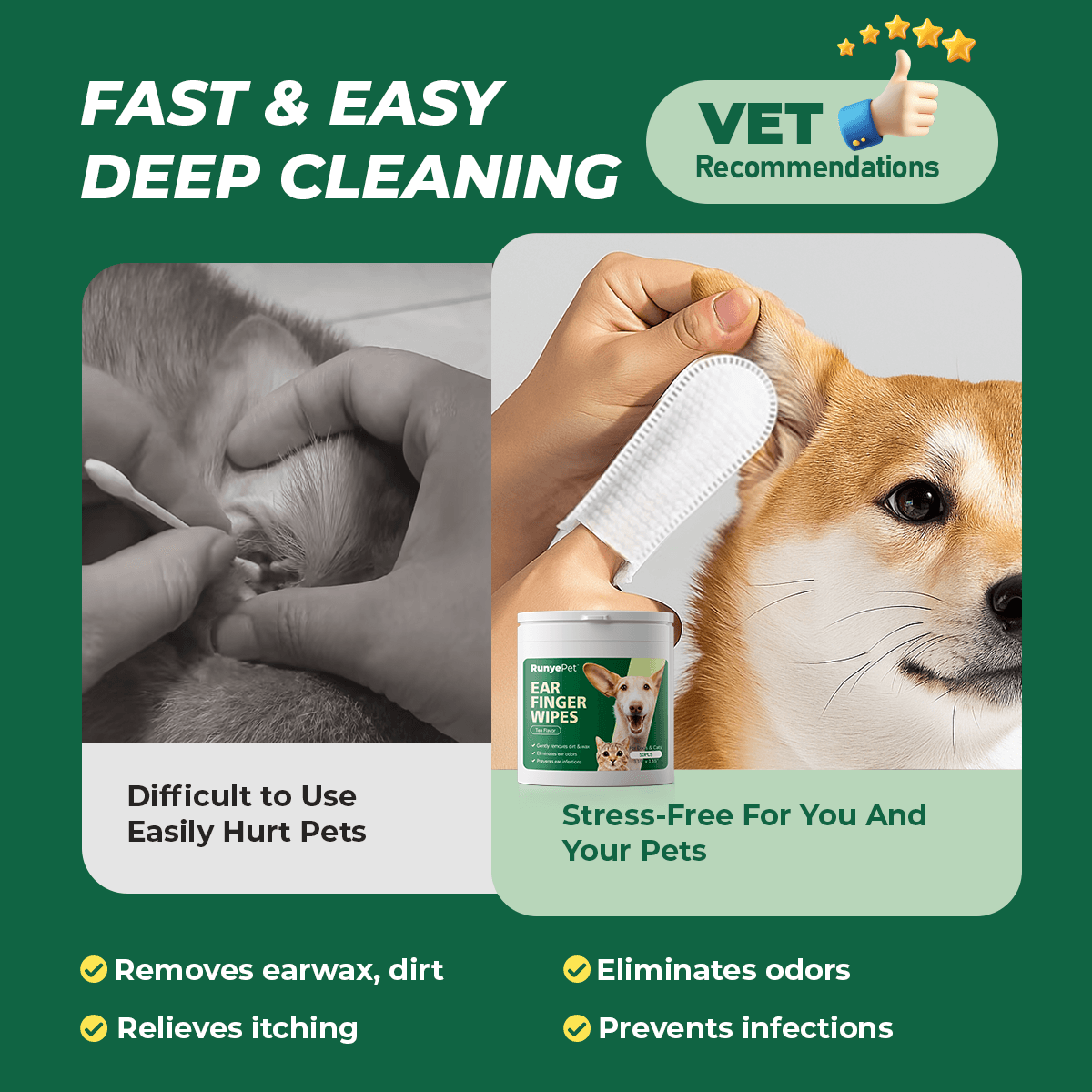 Pet Ear Cleaning Finger Wipes, 50 Count Dog &amp; Cat Ear Wipes with Green Tea Scent, Soft Grooming Pads to Remove Wax &amp; Dirt, Stop Smelly &amp; Itchy Ears, Gentle &amp; Non-Irritating